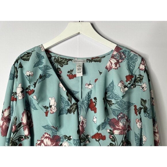 Catherines Womens 2X Blue Floral Butterfly Ruffle Top Romantic Flowy Cottagecore - Picture 2 of 10